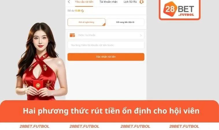 Rút tiền 28BET 2 Hai phương thức rút tiền ổn định cho hội viên