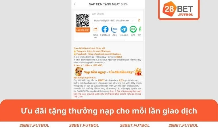 Khuyến mãi 28BET 3 Ưu đãi tặng thưởng nạp cho mỗi lần giao dịch